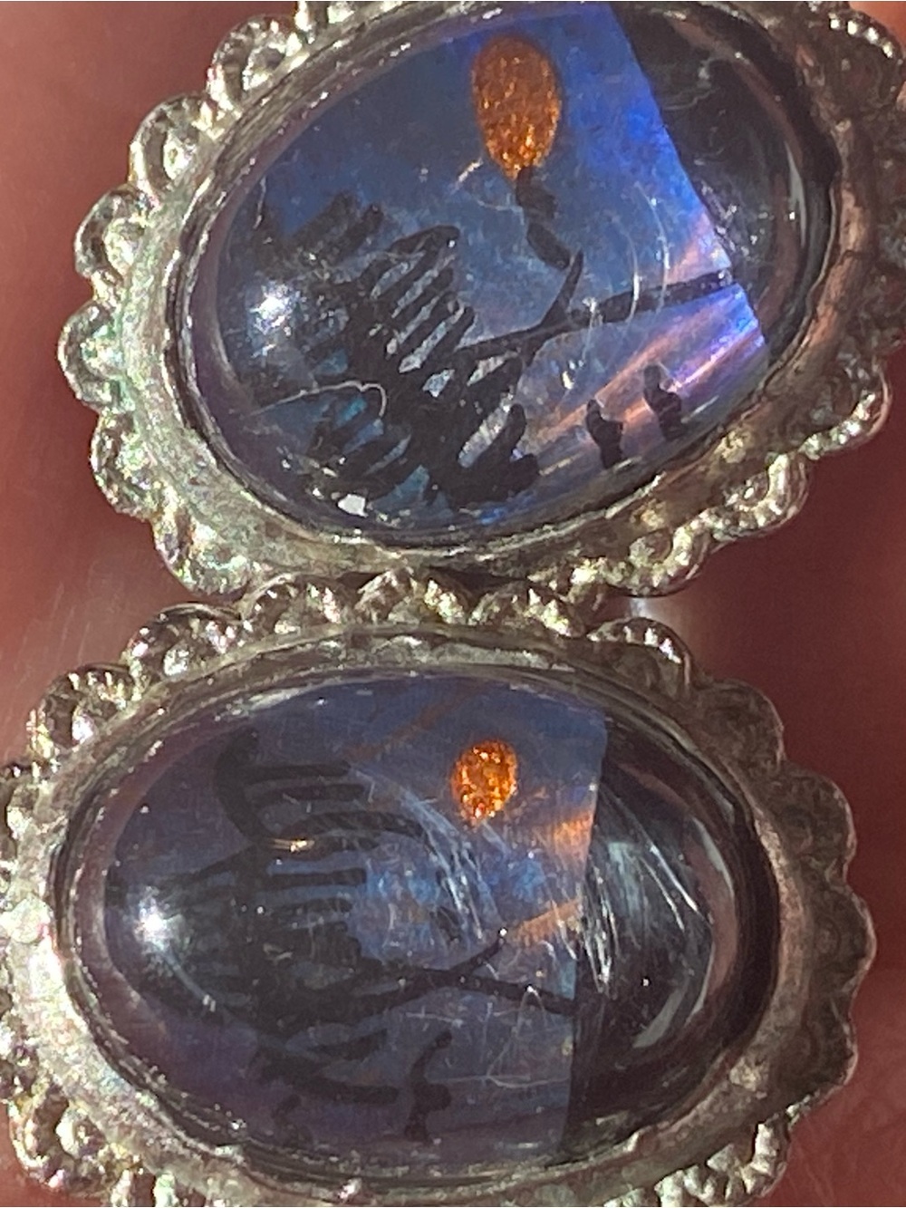 Blue Iridescent Glass Cabochon Silver Tone Earrings
